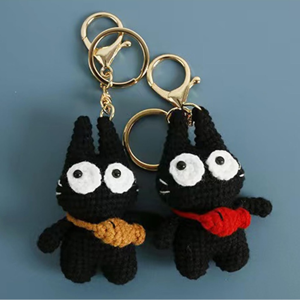 🐈‍⬛NEW Black Cat Bag Charm Crochet Oversized Eyes Accent Fish Detail Kitty Cute